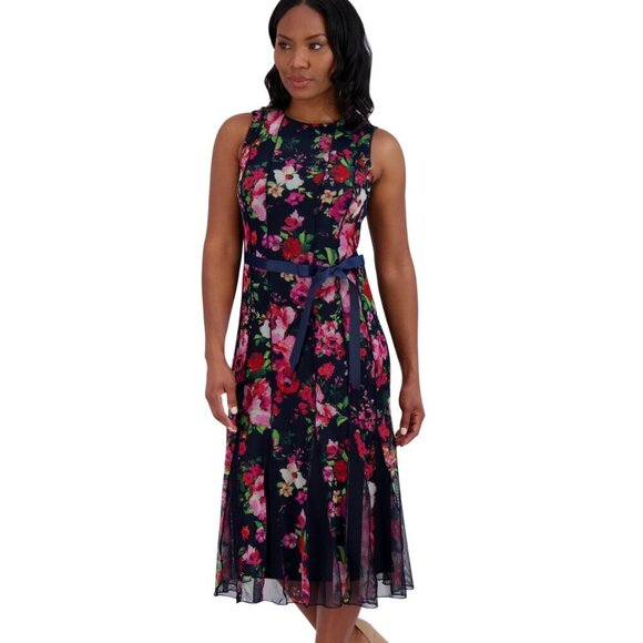 Jessica Howard Petite Floral-Mesh Ribbon-Waist Midi Dress โ Navy Multi โ 4P NWT - Picture 4 of 5